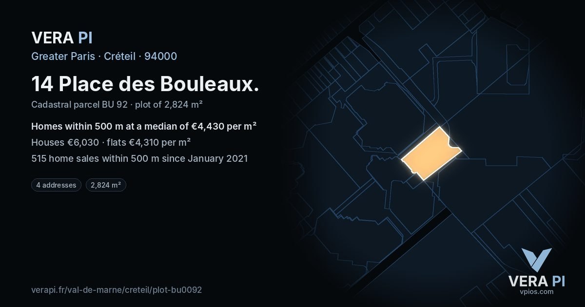 14 Place des Bouleaux, Créteil at night – the plot lit, the parcels around coloured by the prices near them