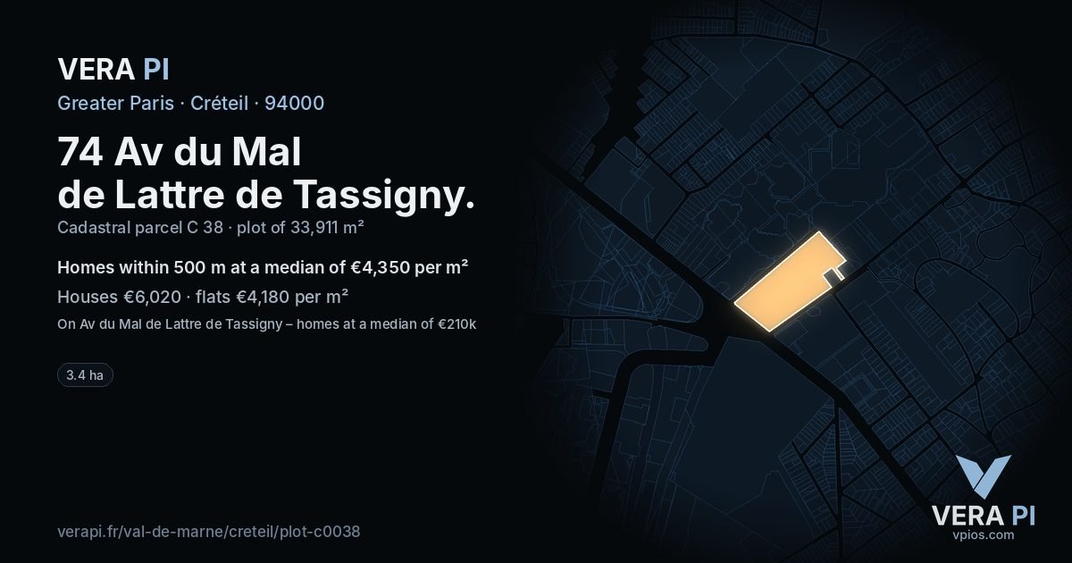 74 Av du Mal de Lattre de Tassigny, Créteil at night – the plot lit, the parcels around coloured by the prices near them