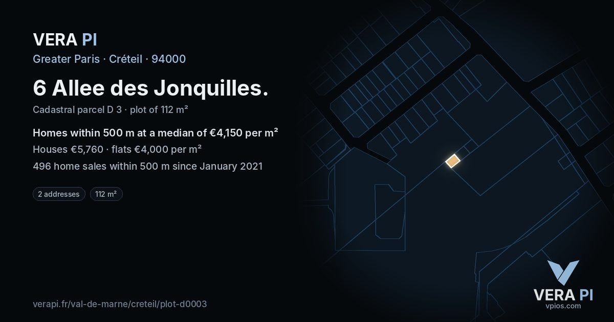 6 Allee des Jonquilles, Créteil at night – the plot lit, the parcels around coloured by the prices near them