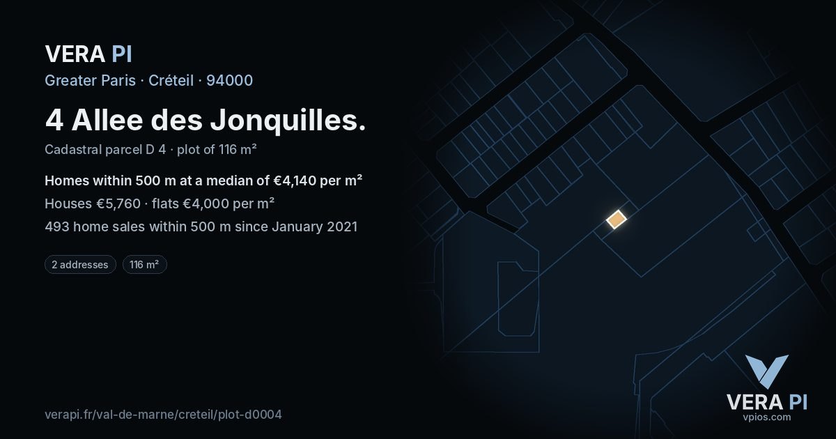 4 Allee des Jonquilles, Créteil at night – the plot lit, the parcels around coloured by the prices near them