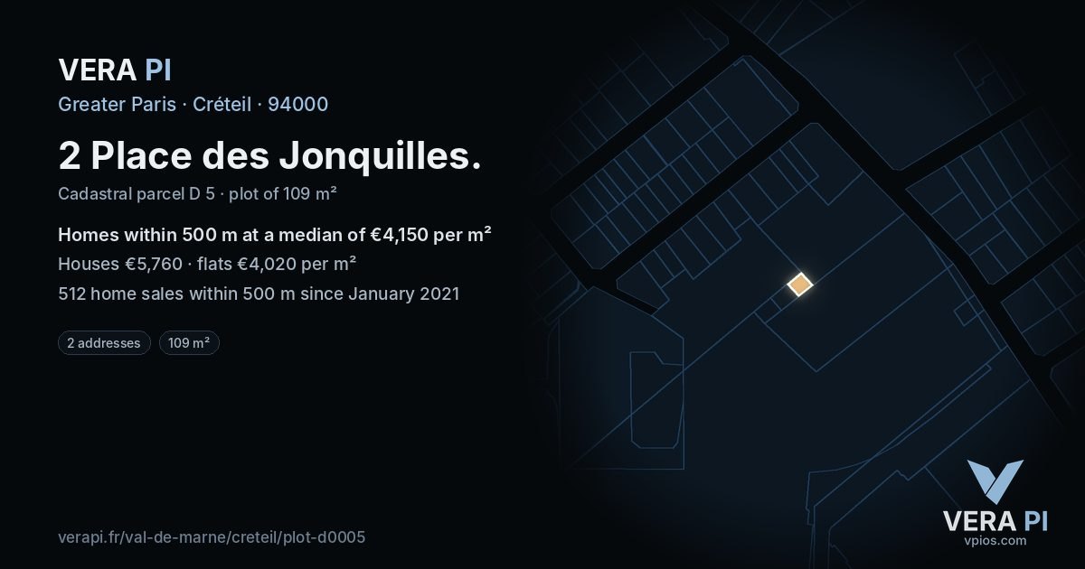 2 Place des Jonquilles, Créteil at night – the plot lit, the parcels around coloured by the prices near them