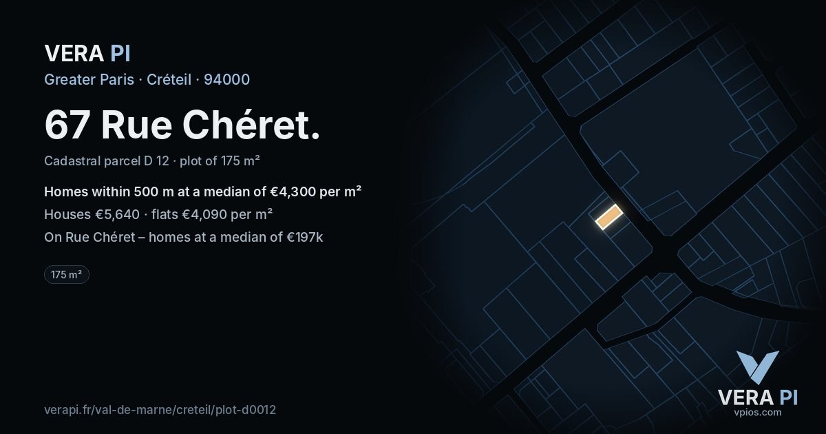 67 Rue Chéret, Créteil at night – the plot lit, the parcels around coloured by the prices near them