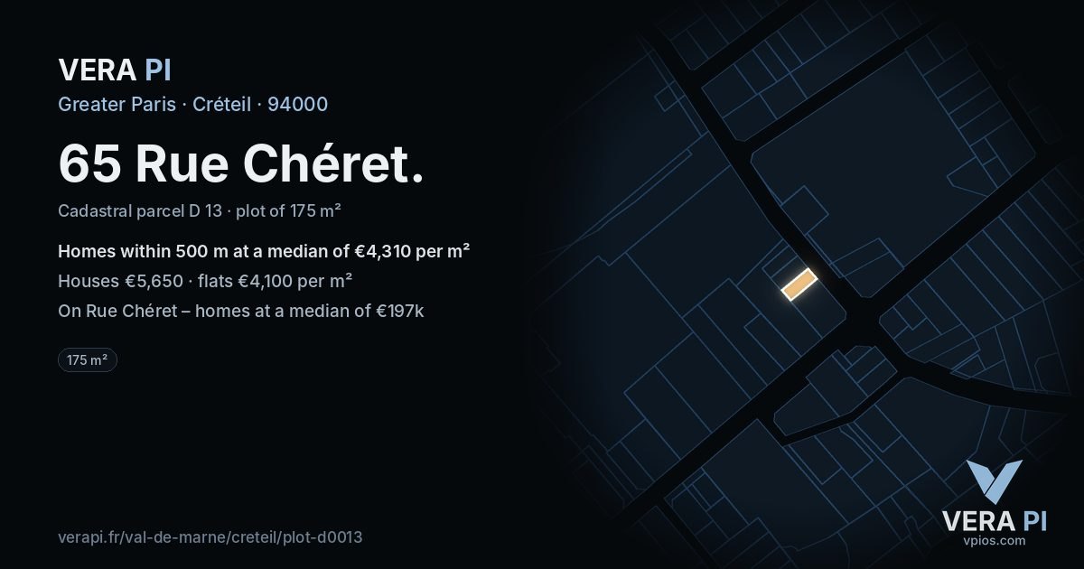 65 Rue Chéret, Créteil at night – the plot lit, the parcels around coloured by the prices near them