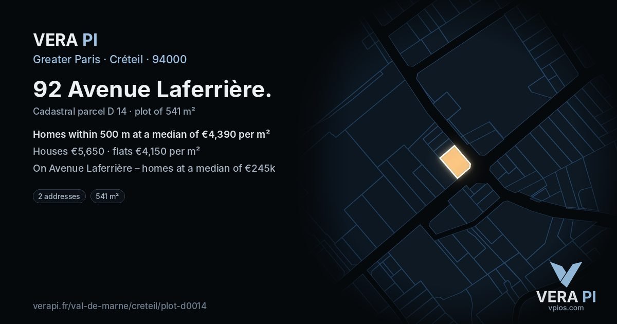 92 Avenue Laferrière, Créteil at night – the plot lit, the parcels around coloured by the prices near them