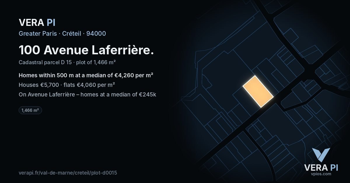 100 Avenue Laferrière, Créteil at night – the plot lit, the parcels around coloured by the prices near them