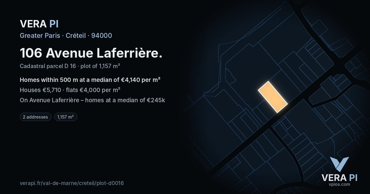 106 Avenue Laferrière, Créteil at night – the plot lit, the parcels around coloured by the prices near them