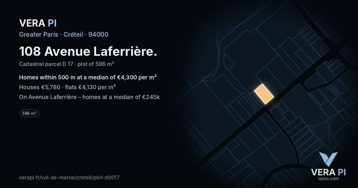 108 Avenue Laferrière, Créteil at night – the plot lit, the parcels around coloured by the prices near them