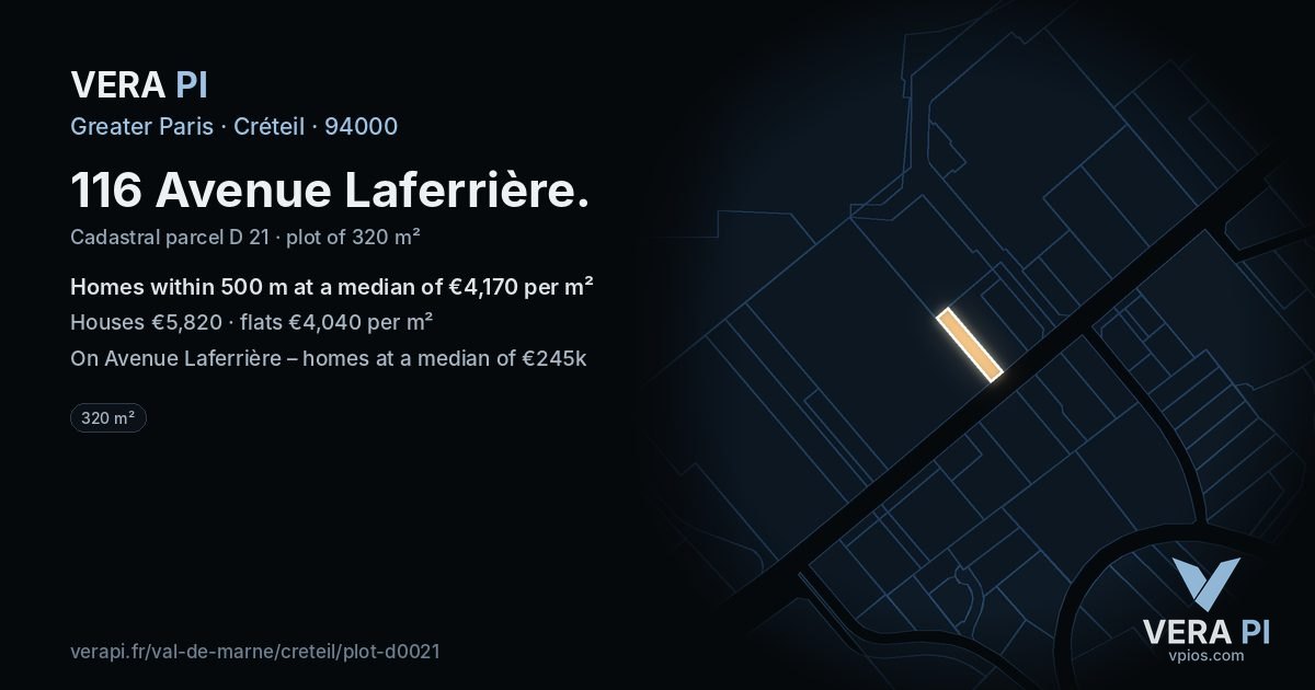 116 Avenue Laferrière, Créteil at night – the plot lit, the parcels around coloured by the prices near them
