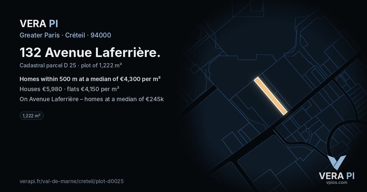 132 Avenue Laferrière, Créteil at night – the plot lit, the parcels around coloured by the prices near them