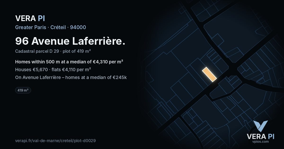 96 Avenue Laferrière, Créteil at night – the plot lit, the parcels around coloured by the prices near them
