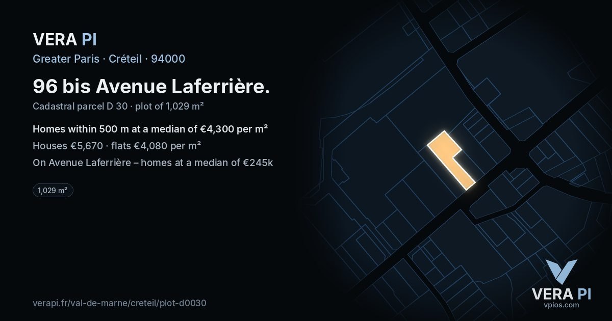 96 bis Avenue Laferrière, Créteil at night – the plot lit, the parcels around coloured by the prices near them