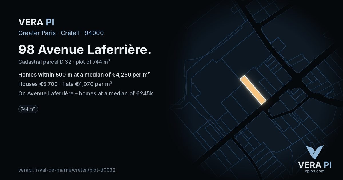 98 Avenue Laferrière, Créteil at night – the plot lit, the parcels around coloured by the prices near them