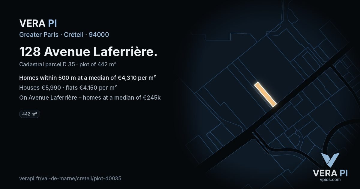 128 Avenue Laferrière, Créteil at night – the plot lit, the parcels around coloured by the prices near them