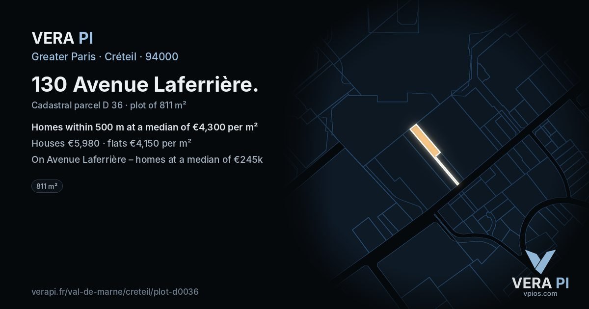 130 Avenue Laferrière, Créteil at night – the plot lit, the parcels around coloured by the prices near them