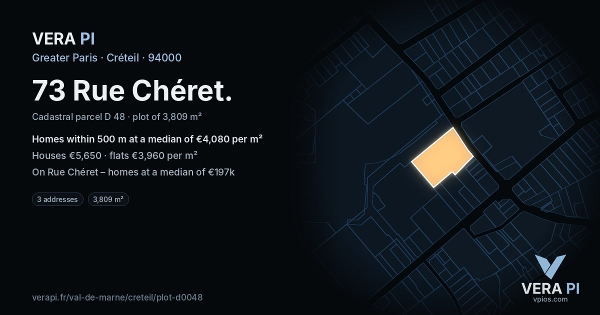 73 Rue Chéret, Créteil at night – the plot lit, the parcels around coloured by the prices near them