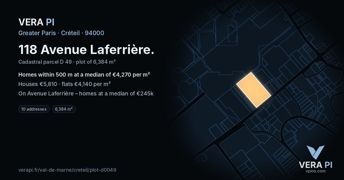 118 Avenue Laferrière, Créteil at night – the plot lit, the parcels around coloured by the prices near them