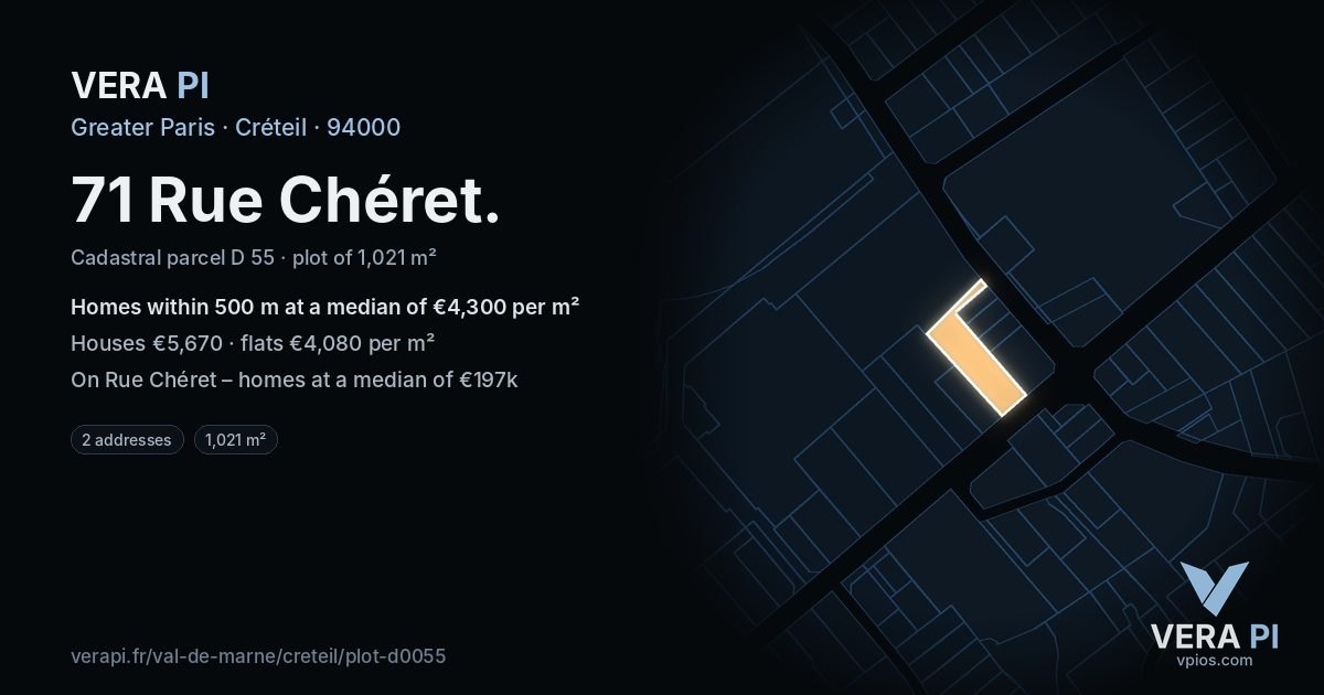 71 Rue Chéret, Créteil at night – the plot lit, the parcels around coloured by the prices near them