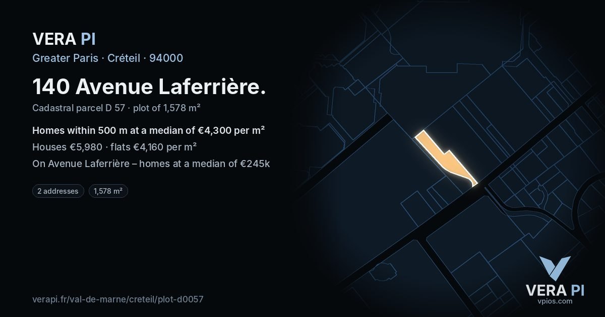 140 Avenue Laferrière, Créteil at night – the plot lit, the parcels around coloured by the prices near them