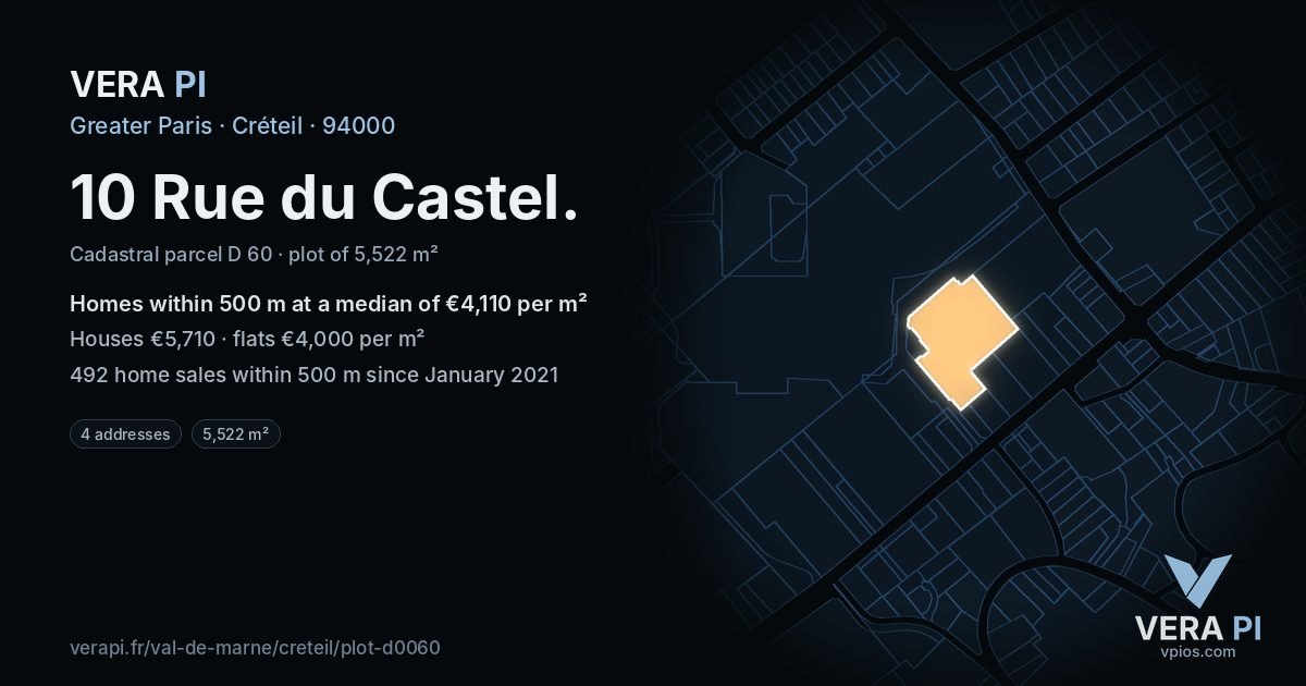 10 Rue du Castel, Créteil at night – the plot lit, the parcels around coloured by the prices near them