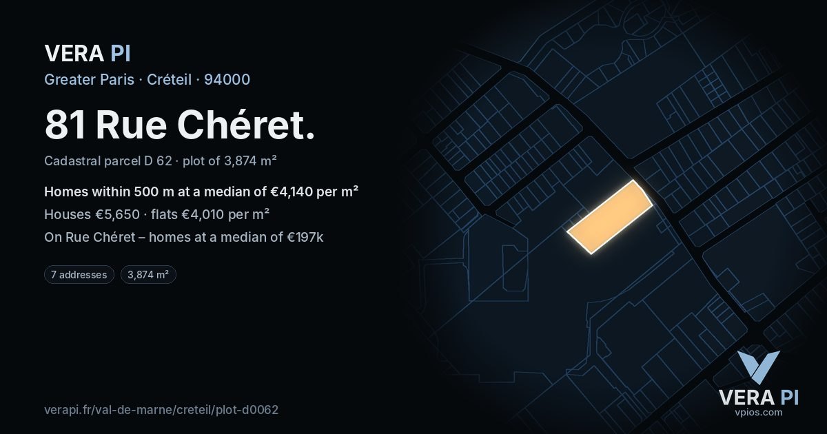 81 Rue Chéret, Créteil at night – the plot lit, the parcels around coloured by the prices near them