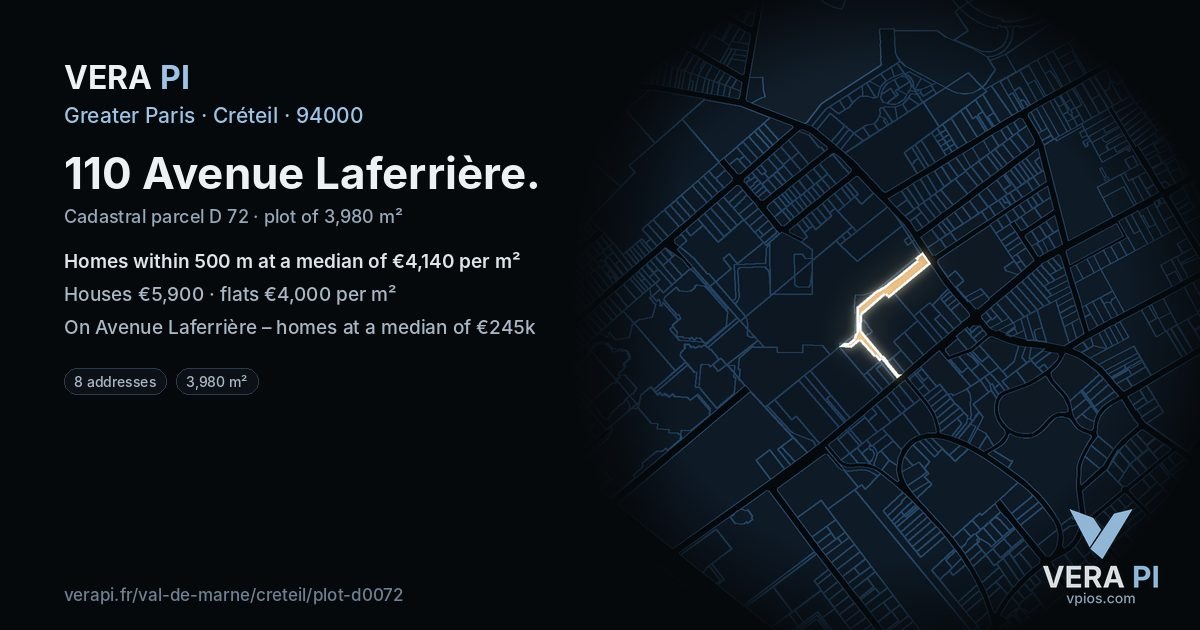 110 Avenue Laferrière, Créteil at night – the plot lit, the parcels around coloured by the prices near them