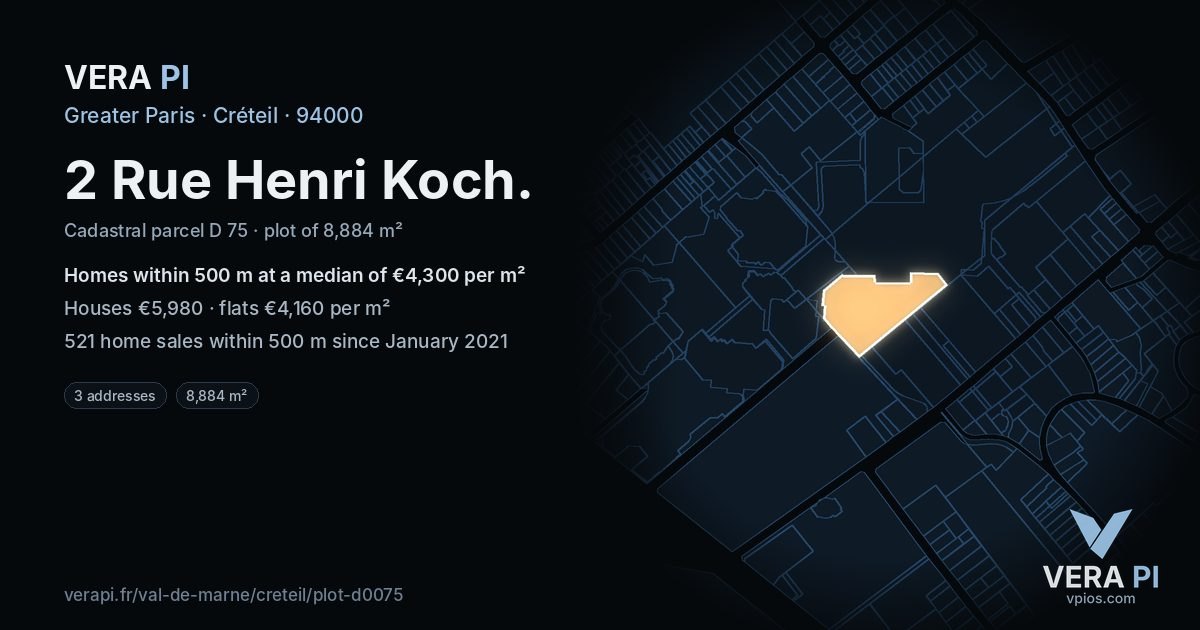 2 Rue Henri Koch, Créteil at night – the plot lit, the parcels around coloured by the prices near them