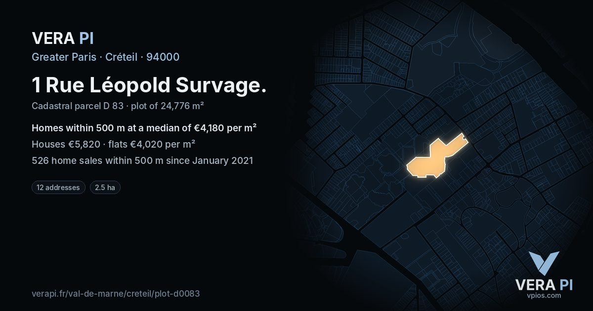 1 Rue Léopold Survage, Créteil at night – the plot lit, the parcels around coloured by the prices near them
