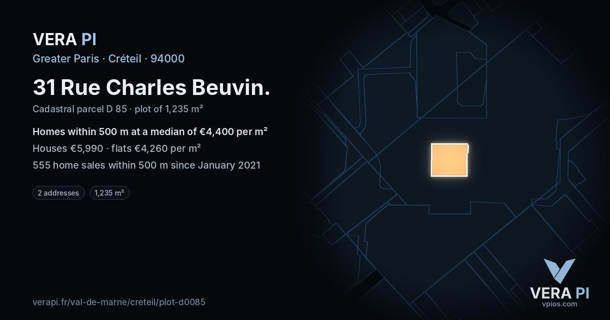 31 Rue Charles Beuvin, Créteil at night – the plot lit, the parcels around coloured by the prices near them