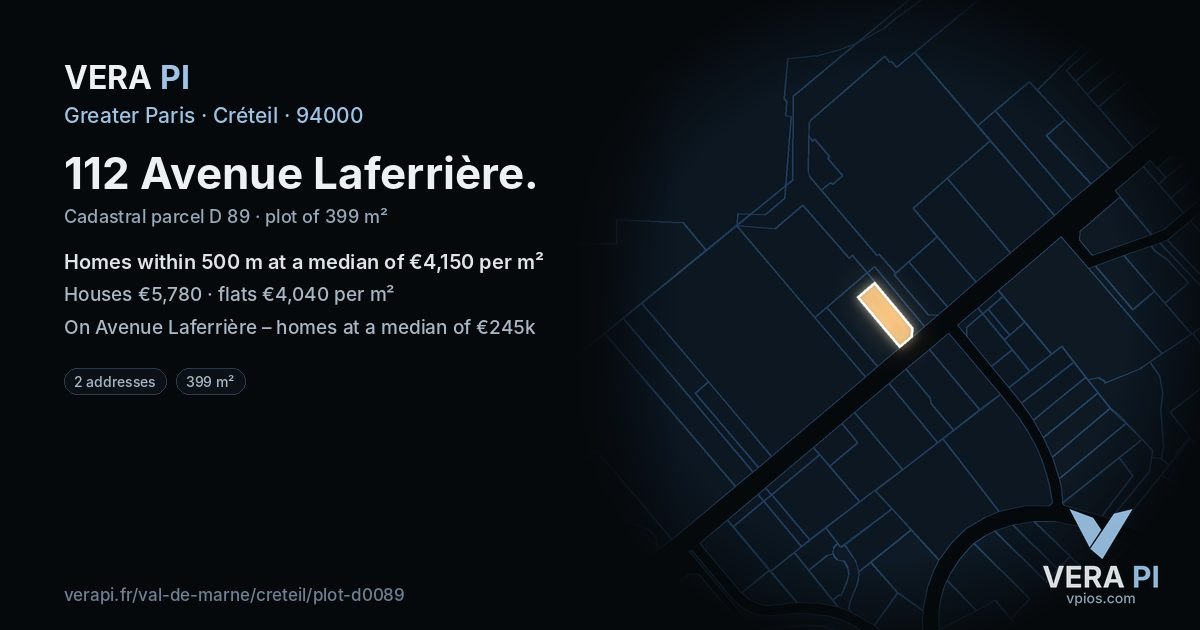 112 Avenue Laferrière, Créteil at night – the plot lit, the parcels around coloured by the prices near them