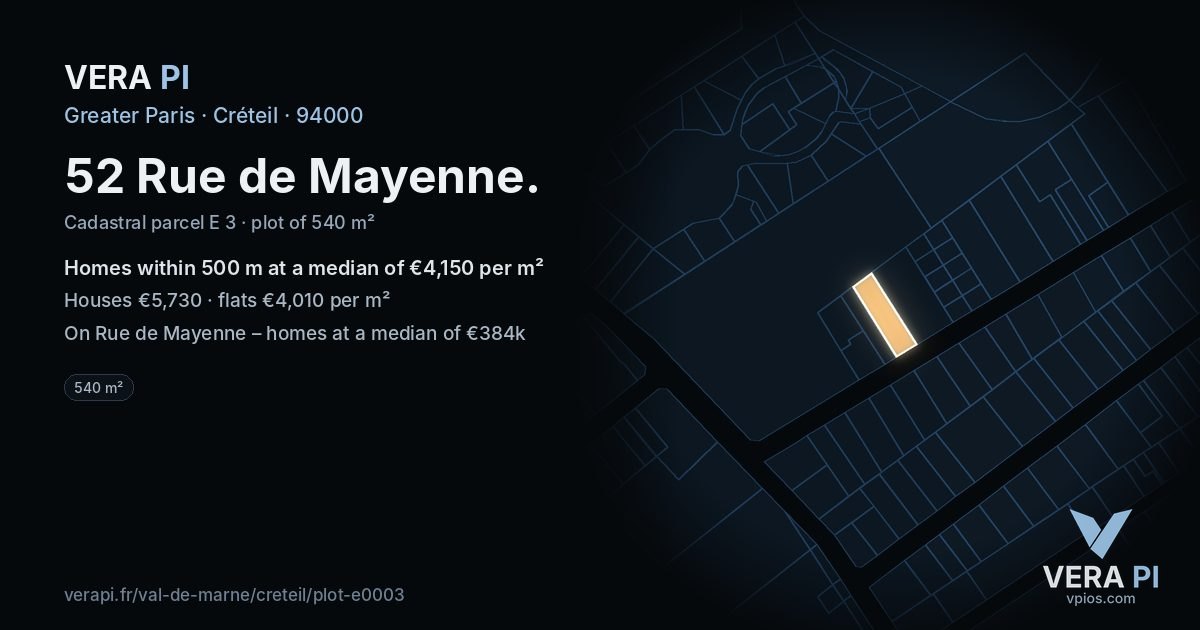 52 Rue de Mayenne, Créteil at night – the plot lit, the parcels around coloured by the prices near them