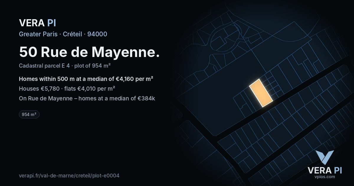 50 Rue de Mayenne, Créteil at night – the plot lit, the parcels around coloured by the prices near them