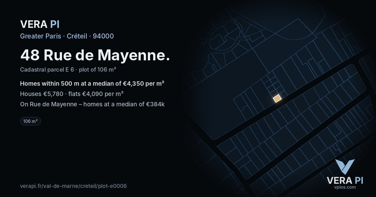 48 Rue de Mayenne, Créteil at night – the plot lit, the parcels around coloured by the prices near them