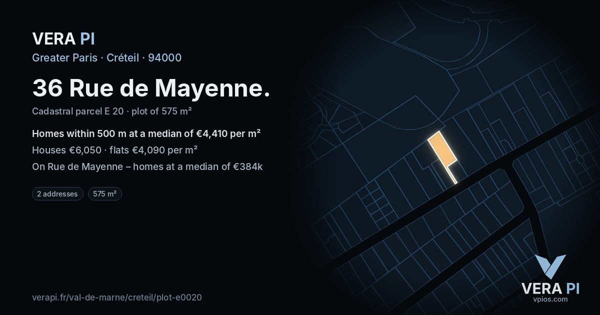 36 Rue de Mayenne, Créteil at night – the plot lit, the parcels around coloured by the prices near them