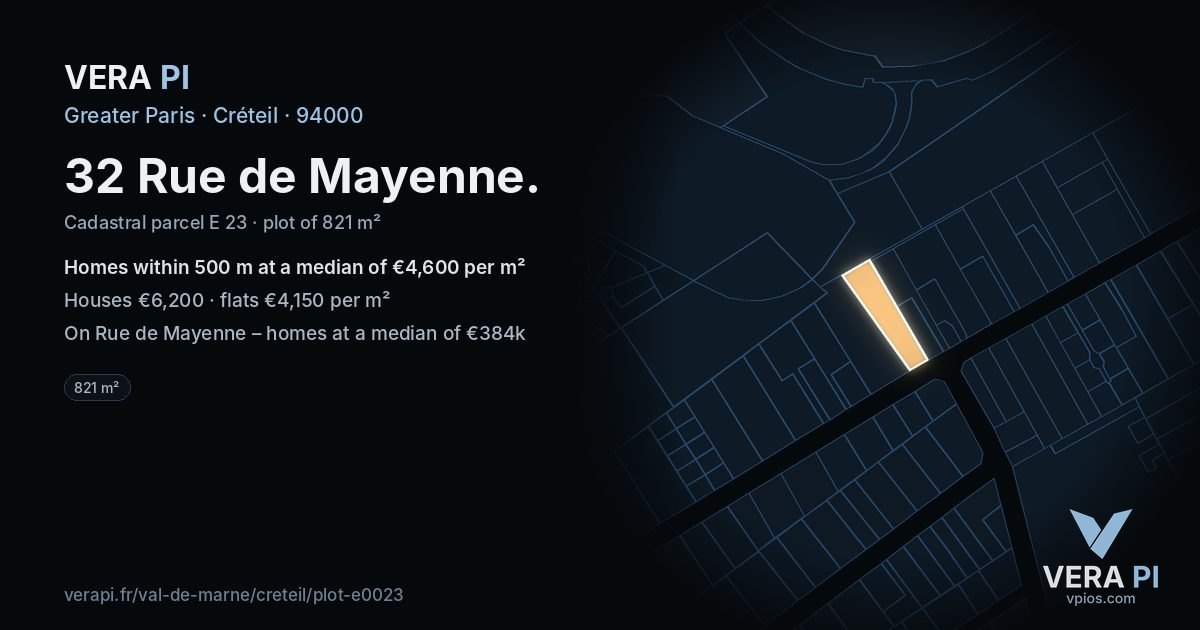 32 Rue de Mayenne, Créteil at night – the plot lit, the parcels around coloured by the prices near them