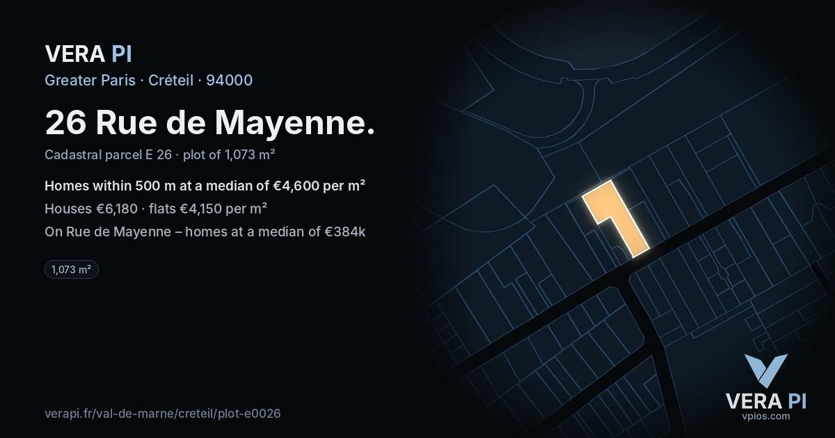 26 Rue de Mayenne, Créteil at night – the plot lit, the parcels around coloured by the prices near them