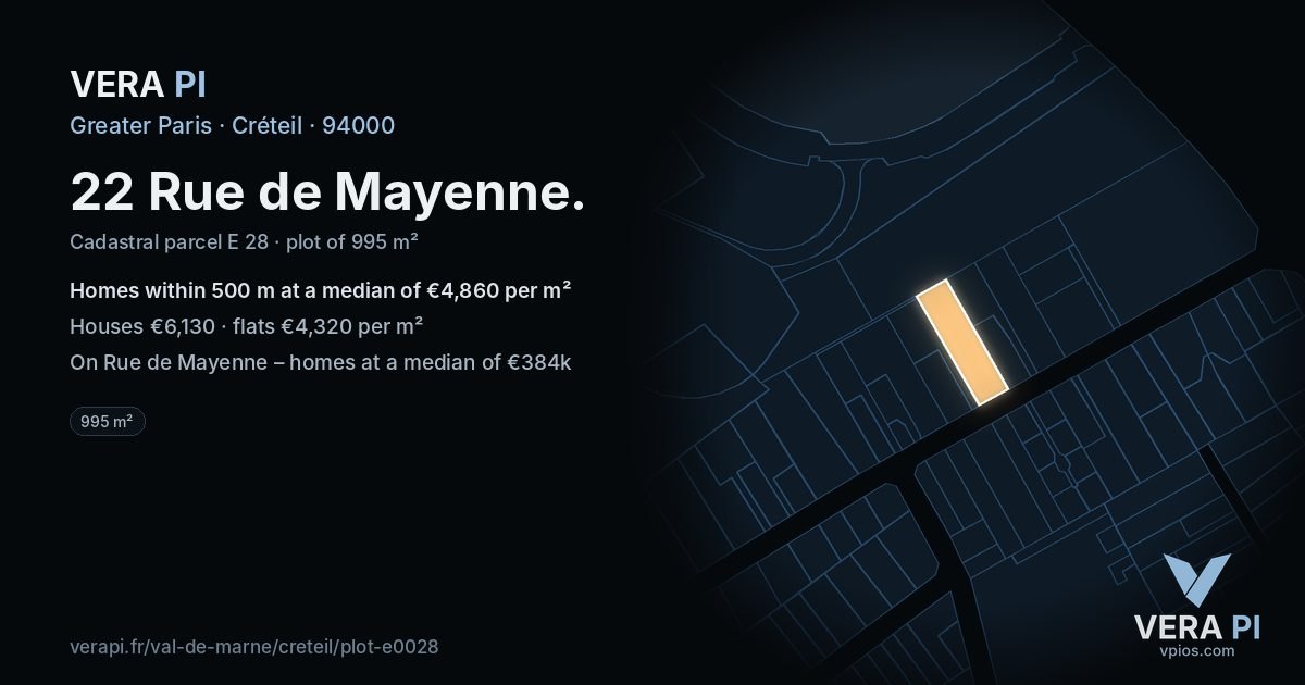 22 Rue de Mayenne, Créteil at night – the plot lit, the parcels around coloured by the prices near them