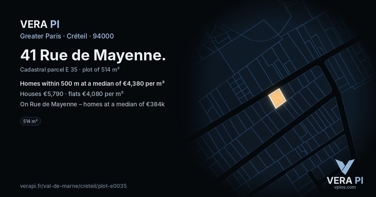41 Rue de Mayenne, Créteil at night – the plot lit, the parcels around coloured by the prices near them