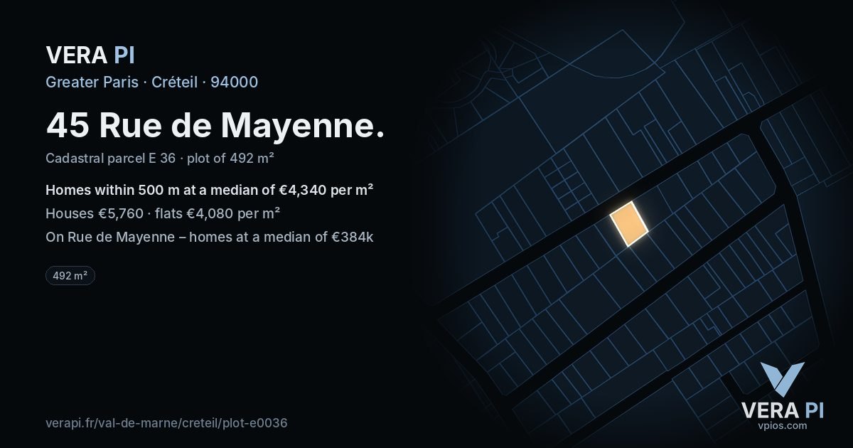 45 Rue de Mayenne, Créteil at night – the plot lit, the parcels around coloured by the prices near them