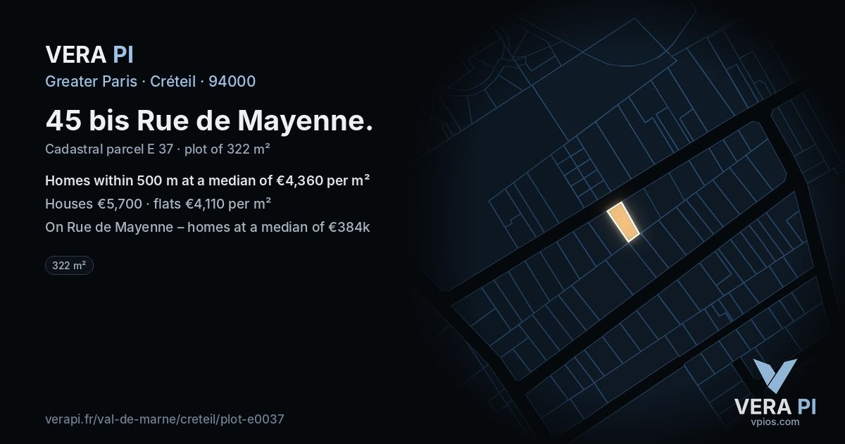 45 bis Rue de Mayenne, Créteil at night – the plot lit, the parcels around coloured by the prices near them