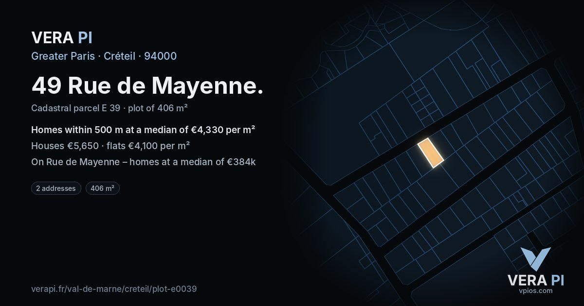 49 Rue de Mayenne, Créteil at night – the plot lit, the parcels around coloured by the prices near them