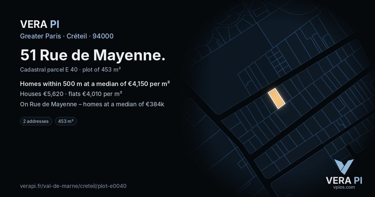 51 Rue de Mayenne, Créteil at night – the plot lit, the parcels around coloured by the prices near them