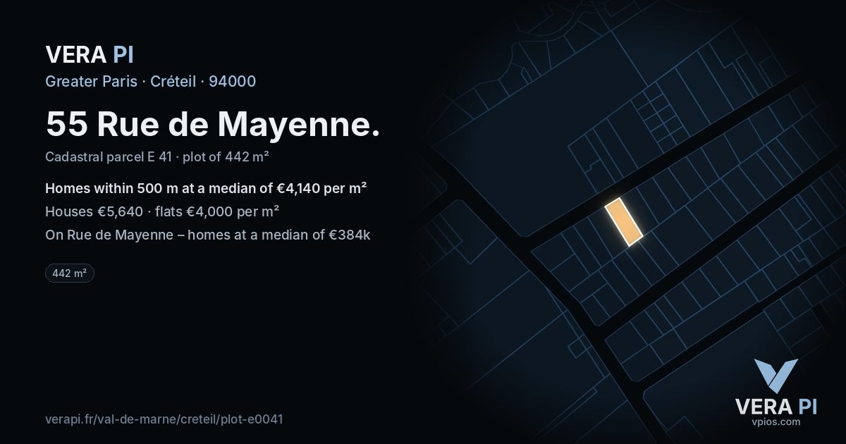 55 Rue de Mayenne, Créteil at night – the plot lit, the parcels around coloured by the prices near them