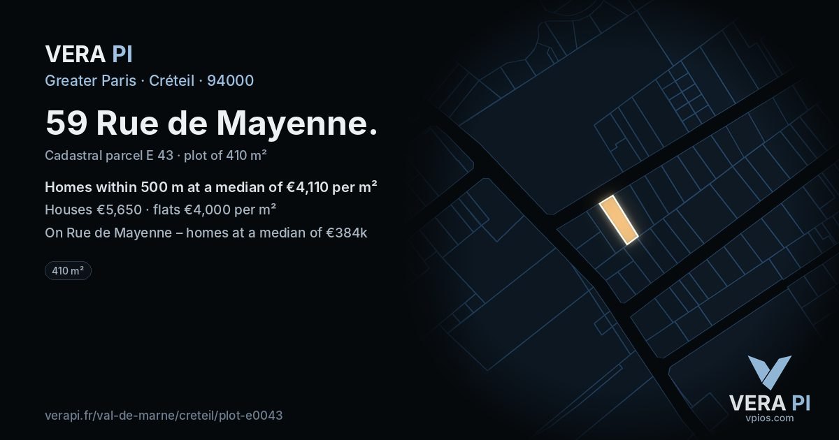 59 Rue de Mayenne, Créteil at night – the plot lit, the parcels around coloured by the prices near them