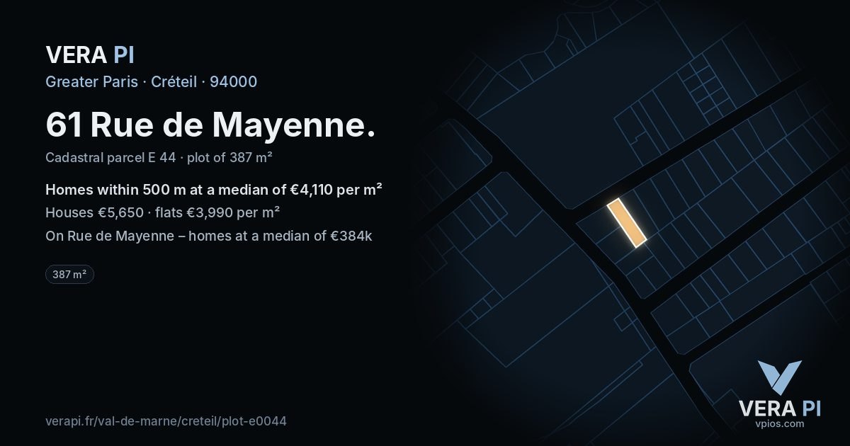 61 Rue de Mayenne, Créteil at night – the plot lit, the parcels around coloured by the prices near them