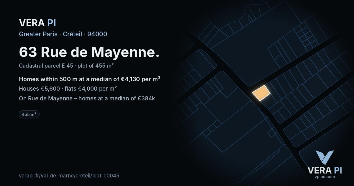 63 Rue de Mayenne, Créteil at night – the plot lit, the parcels around coloured by the prices near them