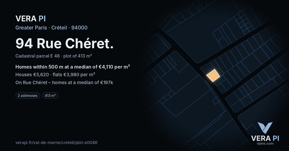 94 Rue Chéret, Créteil at night – the plot lit, the parcels around coloured by the prices near them