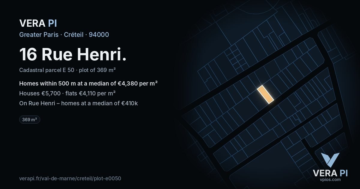 16 Rue Henri, Créteil at night – the plot lit, the parcels around coloured by the prices near them