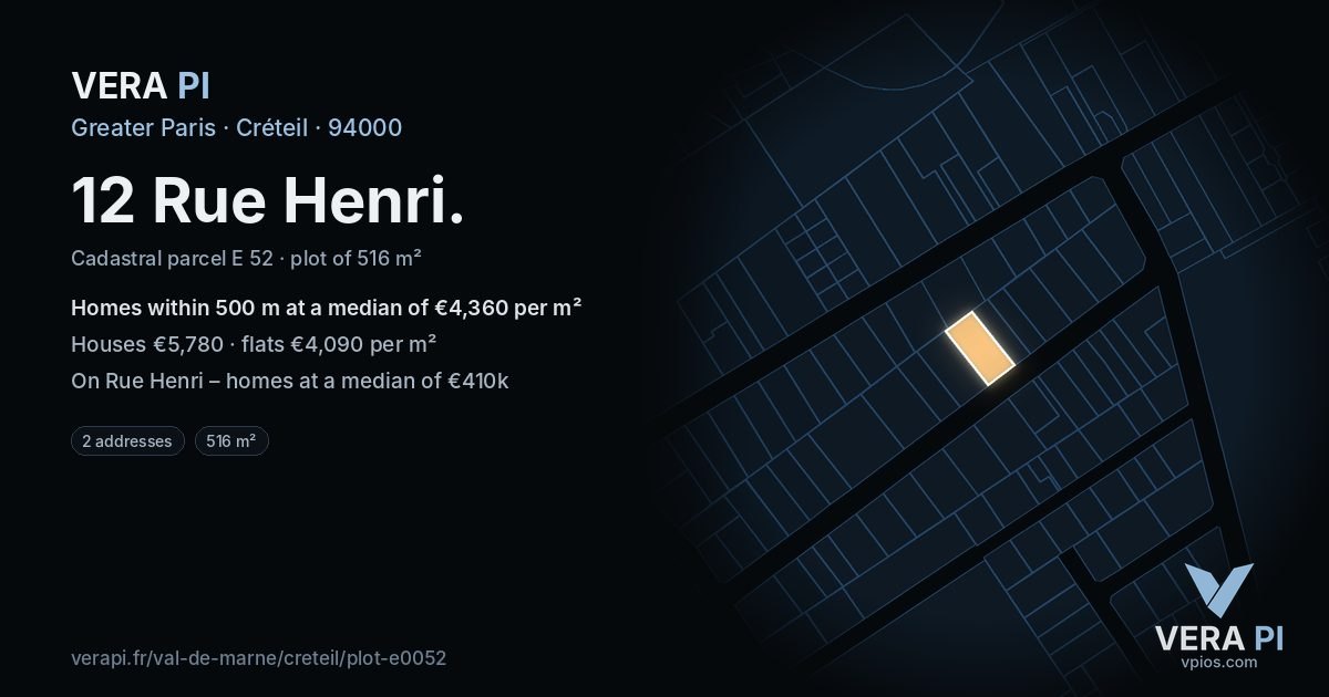 12 Rue Henri, Créteil at night – the plot lit, the parcels around coloured by the prices near them