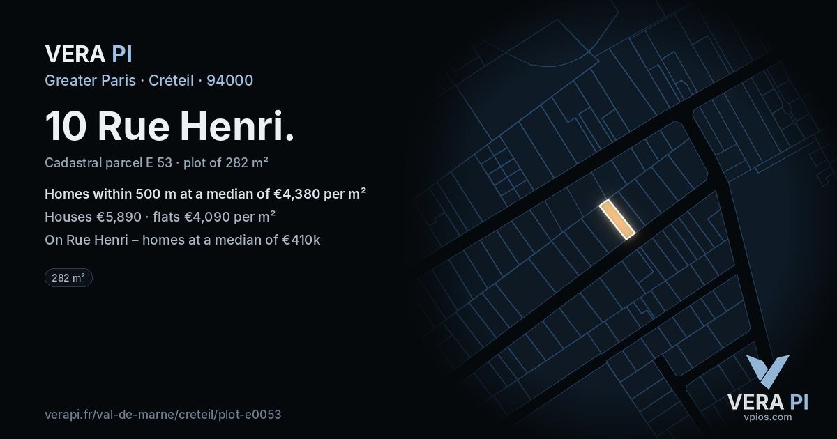 10 Rue Henri, Créteil at night – the plot lit, the parcels around coloured by the prices near them