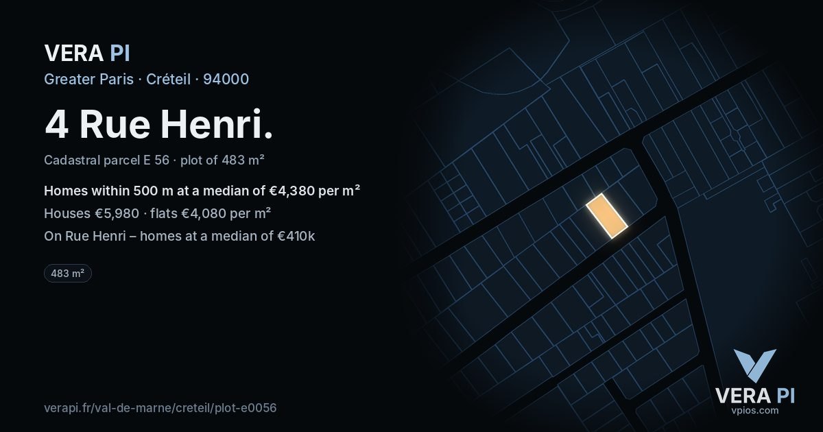 4 Rue Henri, Créteil at night – the plot lit, the parcels around coloured by the prices near them